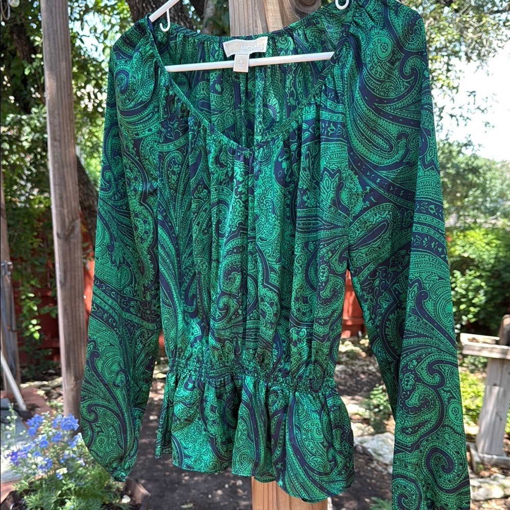 Michael Kors Green and Black Peplum Paisley Blouse with Long Sleeves